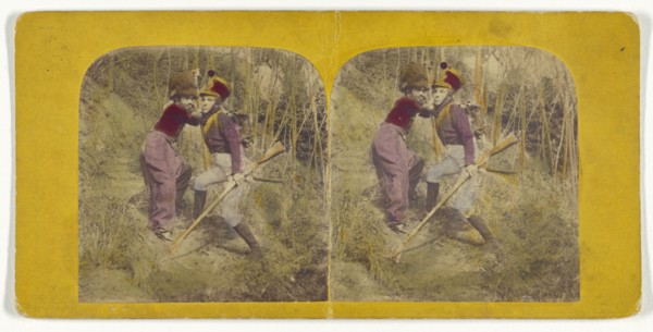 La Vie Militaire de Jean-Jean. Jean-Jean prend gout au metier; French; about 1865; Hand-colored Albumen silver print