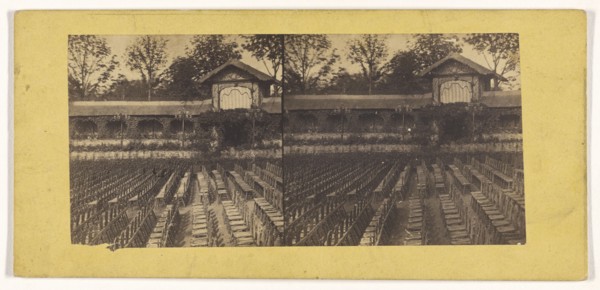 Chairs set up outside, probably for a concert, France; French; about 1865; Albumen silver print