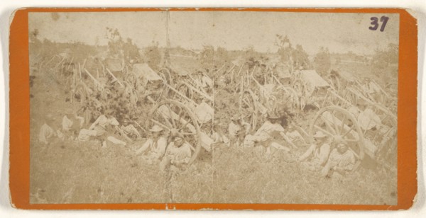 Red River Carts in Camp at St. Anthony, Minnesota. About 1857; American; about 1857; Albumen silver print