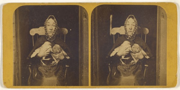 Nancy Luce holding two owls to her chest: Inkey Pinkee and Winkee Pinkee; S.F. Adams, American, 1844 - 1876, about 1870