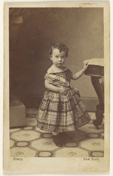 Young girl standing with hand on table; Mathew B. Brady, American, about 1823 - 1896, about 1865; Albumen silver print