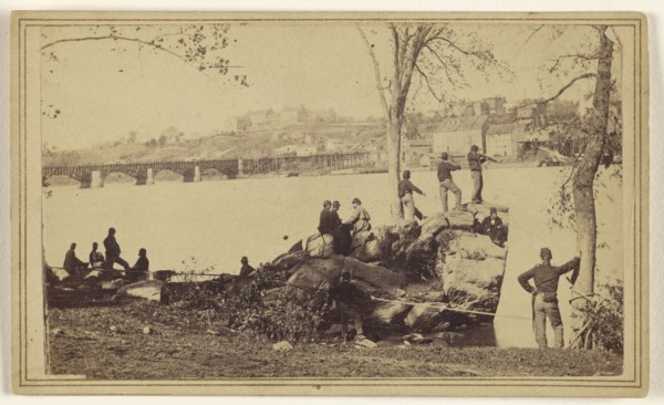 Georgetown Aqueduct looking towards Georgetown; Attributed to Mathew B. Brady, American, about 1823 - 1896, about 1862; Albumen