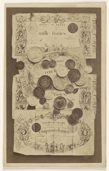 French bank notes and coins; Saint Thomas D'Aquin, French, active 1860s, about 1862; Albumen silver print