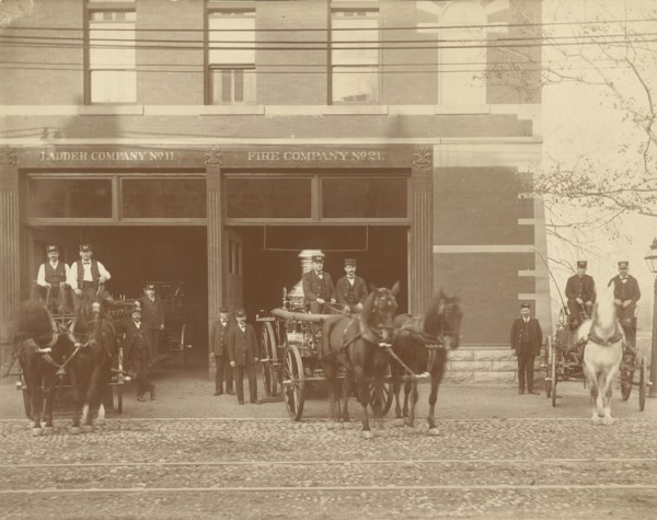 Ladder Company No. 11 and Fire Company No. 21; American; about 1890; Gelatin silver printing out process; 16.4 × 20.6 cm