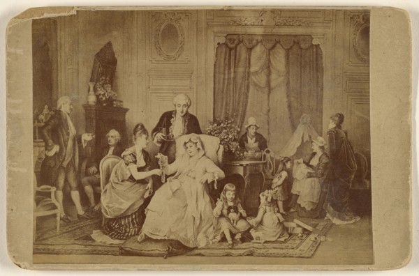Copy of an unknown work of art: a woman seated, with foot on a pillow, being served; about 1875; Albumen silver print