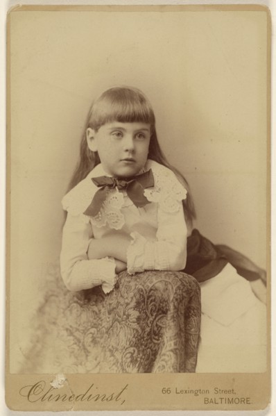little girl posed against a chair back; Barnett M. Clinedinst, American, active 1870s - 1880s, about 1879; Albumen silver print