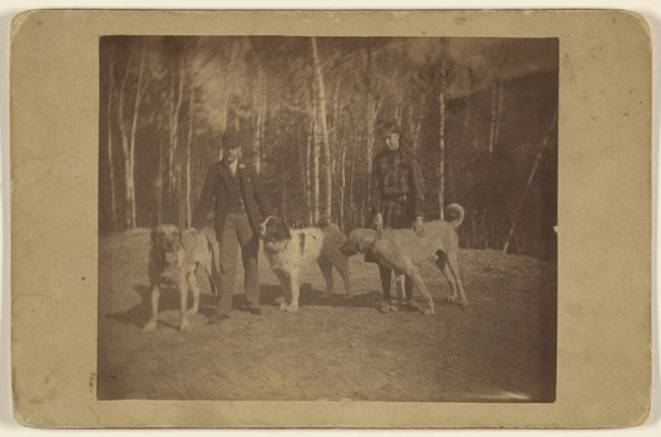 Bella, Mr. Entow, ?, & dogs - The Ampersand , Saranac Lake N.Y; American; May 1889; Albumen silver print