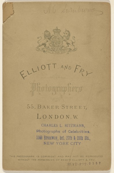 Alegernon Charles Swinburne, 1837 - 1909, Elliott & Fry; about 1887; Albumen silver print