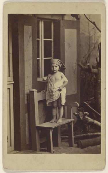 Genrebilder nach der Natur. Landliche Unschuld.  little girl with scarf on head, standing in a chair; German; about 1862