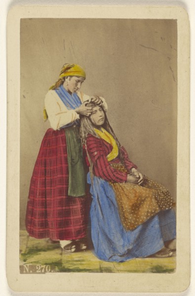 Older woman doing the hair of a younger woman; Giorgio Conrad, Italian, active 1860s, about 1870; Hand-colored albumen silver