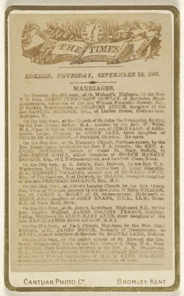 Listing of marriages from a page of The London Times, Thursday, September 28, 1882; Cantuar Photographic Company; September 22