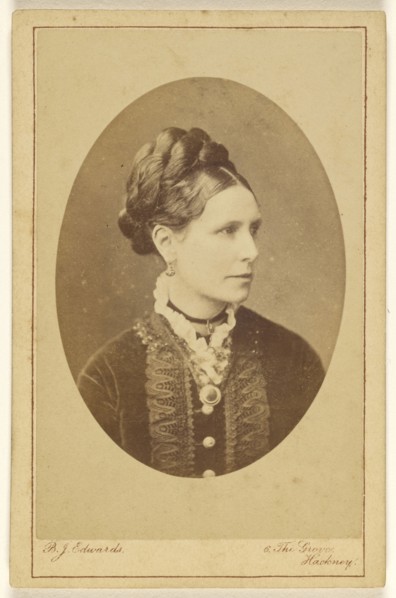 woman, in 3,4 profile, printed in oval style; B.J. Edwards, British, active 1860s, 1865 - 1870; Albumen silver print