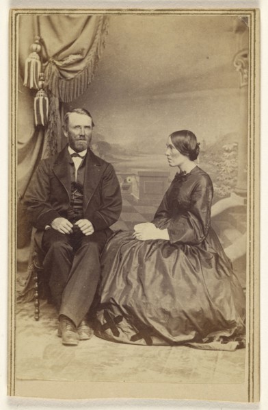 bearded man and a woman, seated; Bradley & Rulofson; 1863 - 1866; Albumen silver print