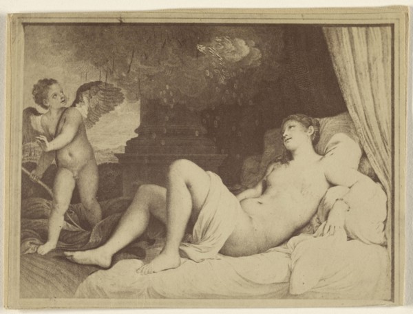 Reproduction of an  painting: nude woman reclining, angel at right; 1865 - 1870; Albumen silver print