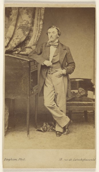 man with moustache wearing a bow tie, standing, with one hand in pocket; Robert Jefferson Bingham, British, 1824 - 1870