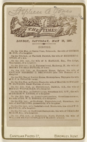 Birth annoucement page from The Times, London, Saturday, May 28, 1887; Cantuar Photographic Company; May 28, 1887; Albumen