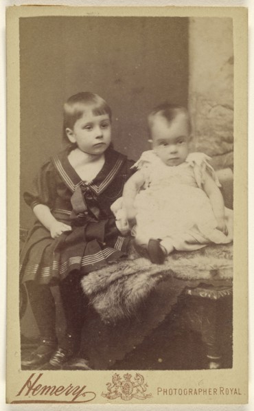 Dorothy aged 3 yr 8 mo. Bernard 1 year; Hemery & Company, British, June 1887; Albumen silver print