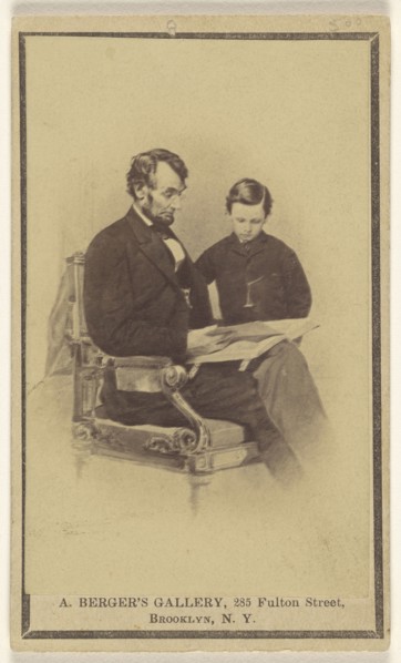 President Lincoln Reading The Bible to His Son Tad; Anthony Berger, Active United States, 1860s, February 9, 1864; Albumen