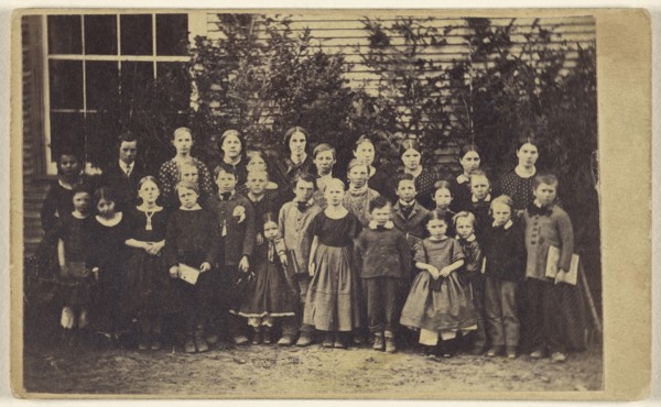 Large group of school children with teachers, all standing; 1865 - 1875; Albumen silver print