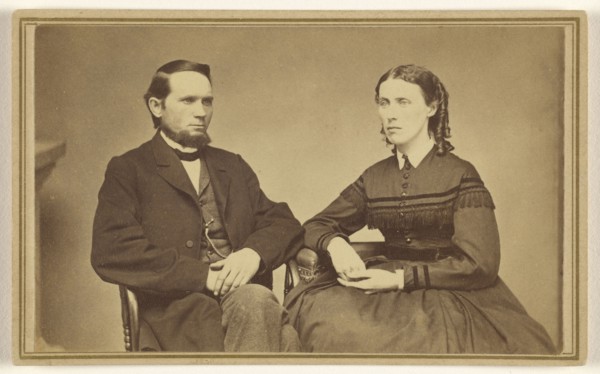 couple, both seated, man with moustachless beard and woman with ringlets; I.F. Alger, American, active 1870s, about 1867