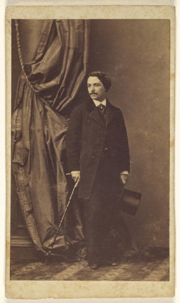 man with moustache standing, holding a top hat in one hand and a cane in the other; Disdéri & Cie; 1862 - 1866; Albumen silver