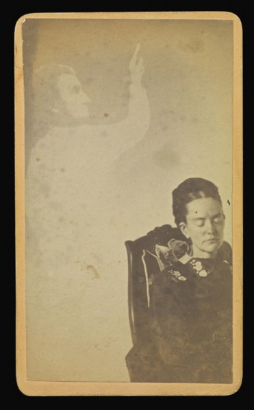 woman with male  spirit  pointing upwards; William H. Mumler, American, 1832 - 1884, Boston, Massachusetts, United States; 1862