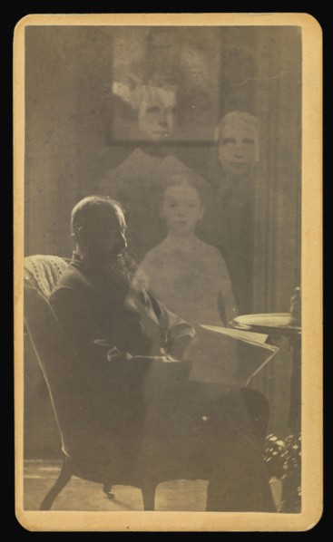man with a long beard seated with three  spirits; William H. Mumler, American, 1832 - 1884, Boston, Massachusetts, United