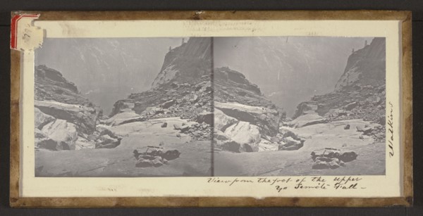 View from the foot of the Upper Yo Semite Fall, Carleton Watkins, American, 1829 - 1916, 1861; Stereograph, glass