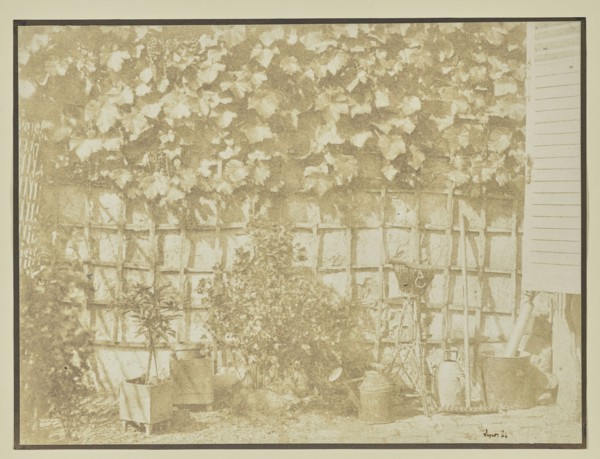 Garden wall with tools; Hippolyte Bayard, French, 1801 - 1887, September 1844; Salted paper print; 19.4 × 24.8 cm