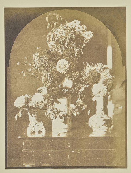 Still Life - Three Vases of Flowers; Hippolyte Bayard, French, 1801 - 1887, about 1845–1848; Salted paper print; 16 × 12.2 cm
