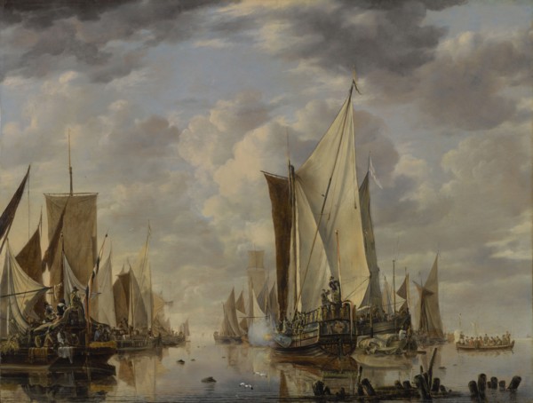 Shipping in a Calm at Flushing with a States General Yacht Firing a Salute; Jan van de Cappelle, Dutch, 1626 - 1679, 1649; Oil