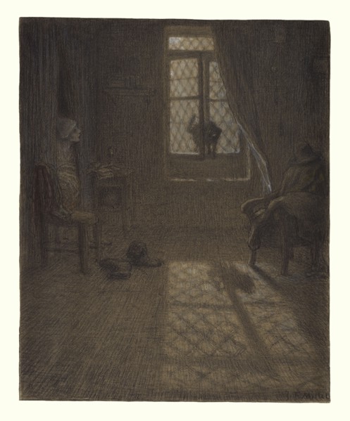 Le chat, The Cat at the Window, Jean-François Millet, French, 1814 - 1875, about 1857 - 1858; Conté crayon and pastel