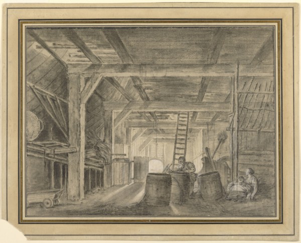 Interior of a Barn with a Family of Coopers; François Boucher, French, 1703 - 1770, France; about 1763 - 1766; Black and white