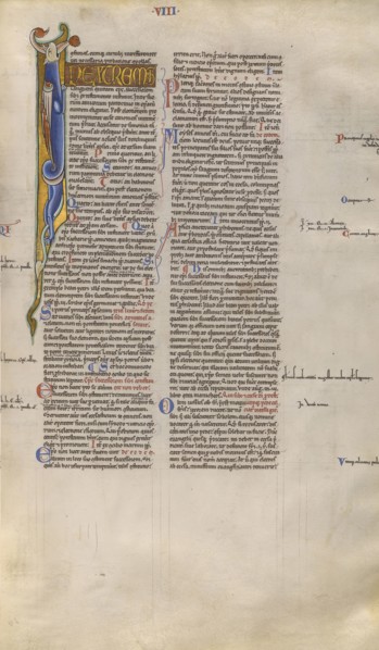 Inhabited Initial I; Sens, or, France; about 1170 - 1180; Tempera colors, gold leaf, and ink on parchment; Leaf: 44.3 x 29.1 cm