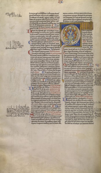 Inhabited Initial Q; Sens, or, France; about 1170 - 1180; Tempera colors, gold leaf, and ink on parchment; Leaf: 44.3 x 29.1 cm