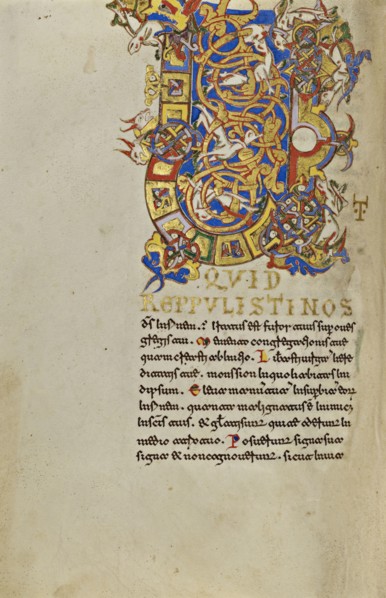 Inhabited Initial U; Montecassino, Italy; 1153; Tempera colors, gold leaf, gold paint, and ink on parchment; Leaf: 19.2 x 13.2