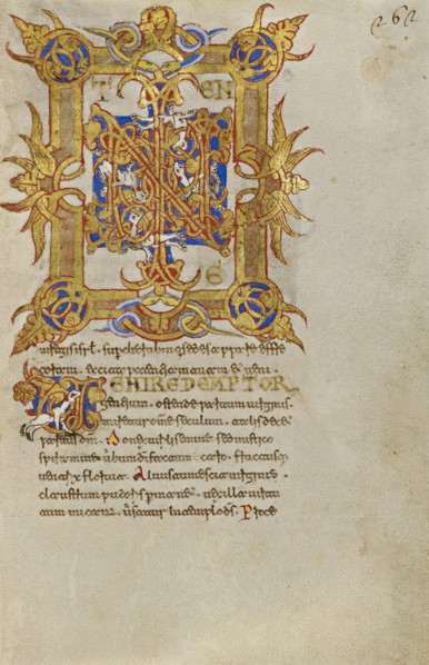 Inhabited Initials IN; Montecassino, Italy; 1153; Tempera colors, gold leaf, gold paint, and ink on parchment; Leaf: 19.2 x 13.2