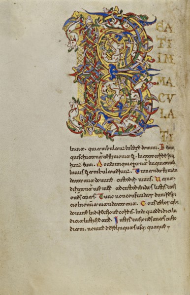 Inhabited Initial B; Montecassino, Italy; 1153; Tempera colors, gold leaf, gold paint, and ink on parchment; Leaf: 19.2 x 13.2