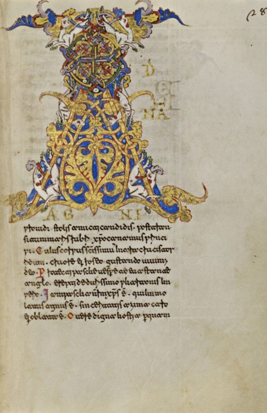 Inhabited Initial A; Montecassino, Italy; 1153; Tempera colors, gold leaf, gold paint, and ink on parchment; Leaf: 19.2 x 13.2