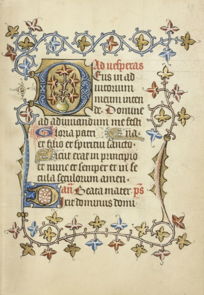 Decorated Initial D; Utrecht, probably, Netherlands; about 1405 - 1410; Tempera colors, gold leaf, and ink on parchment; Leaf
