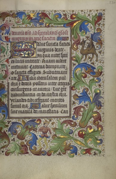 Decorated Initial S; Ghent, probably, Belgium; about 1450 - 1455; Tempera colors, gold leaf, and ink on parchment