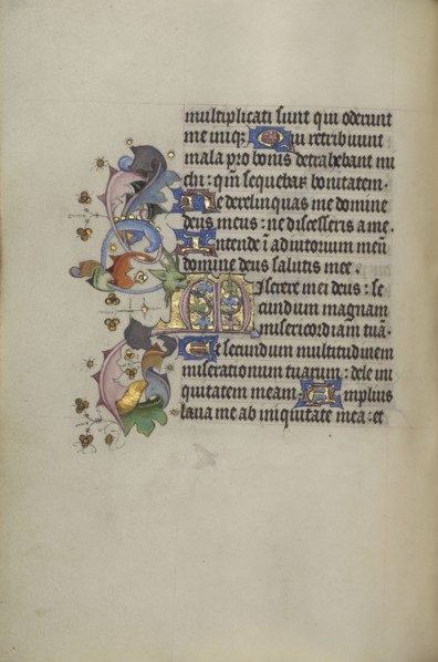 Decorated Initial M; Ghent, probably, Belgium; about 1450 - 1455; Tempera colors, gold leaf, and ink on parchment