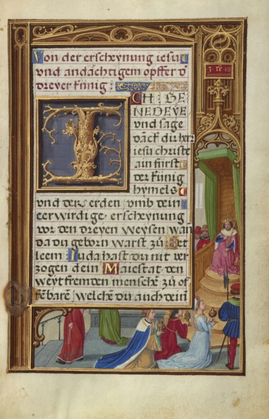 Border with the Queen of Sheba before King Soloman; Simon Bening, Flemish, about 1483 - 1561, Bruges, Belgium; about 1525