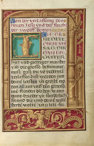 Decorated Text Page; Bruges, Belgium; about 1525 - 1530; Tempera colors, gold paint, and gold leaf on parchment; Leaf: 16.8 x 11