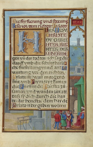 Border with a Captured Prophet before a Prince or King; Simon Bening, Flemish, about 1483 - 1561, Bruges, Belgium; about 1525