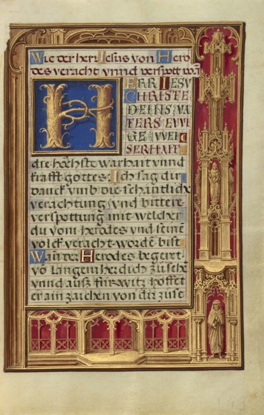 Decorated Text Page; Bruges, Belgium; about 1525 - 1530; Tempera colors, gold paint, and gold leaf on parchment; Leaf: 16.8 x 11