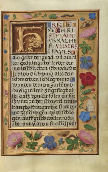 Decorated Text Page; Bruges, Belgium; about 1525 - 1530; Tempera colors, gold paint, and gold leaf on parchment; Leaf: 16.8 x 11