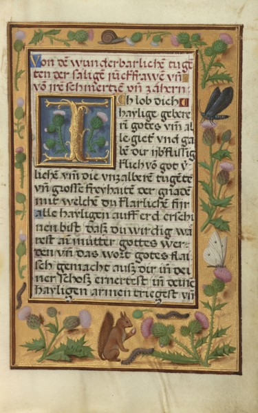Decorated Text Page; Bruges, Belgium; about 1525 - 1530; Tempera colors, gold paint, and gold leaf on parchment; Leaf: 16.8 x 11