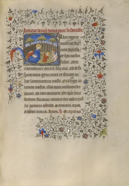 Initial S: The Virgin and Child in an Enclosed Garden; Paris, France; about 1420; Tempera colors, gold, and ink on parchment