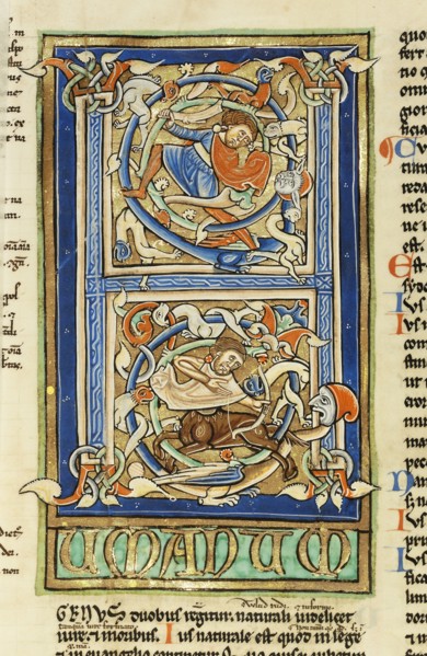 Inhabited Initial H; Sens, or, France; about 1170 - 1180; Tempera colors, gold leaf, and ink on parchment; Leaf: 44.3 x 29.1 cm